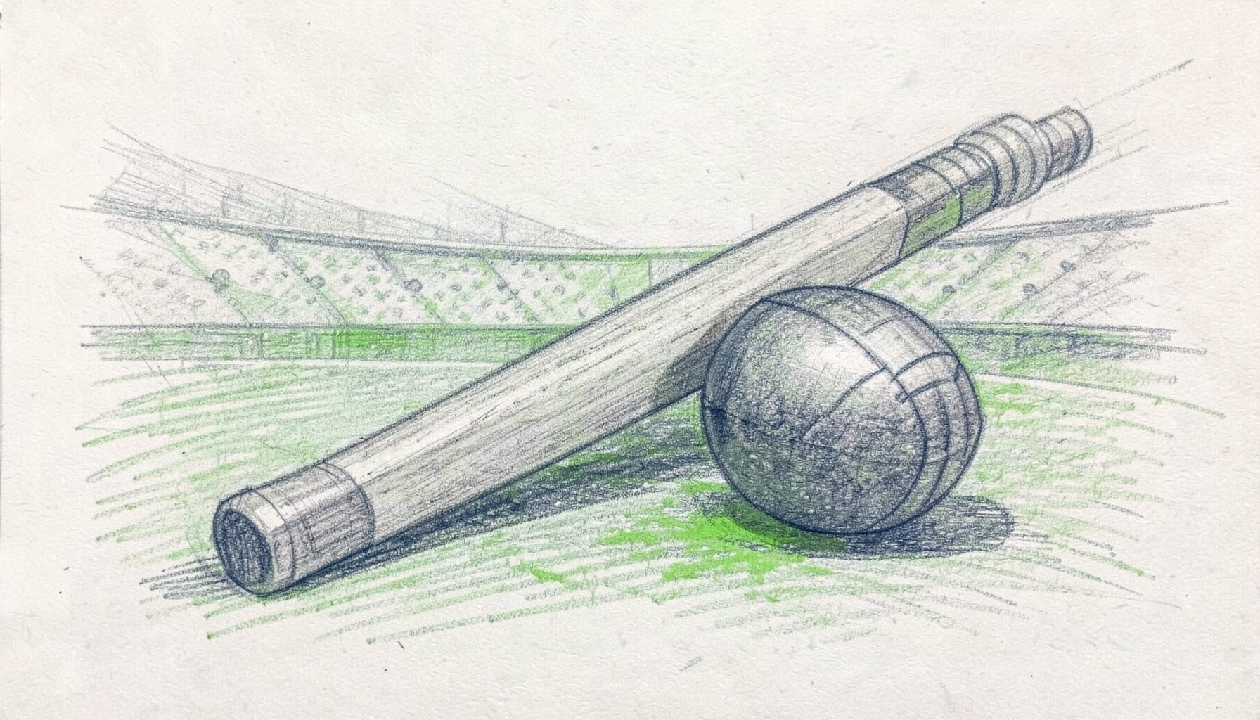 Graphite pencil sketch of a cricket bat and football resting together on a stadium pitch, muted green and navy shading, calm and focused mood