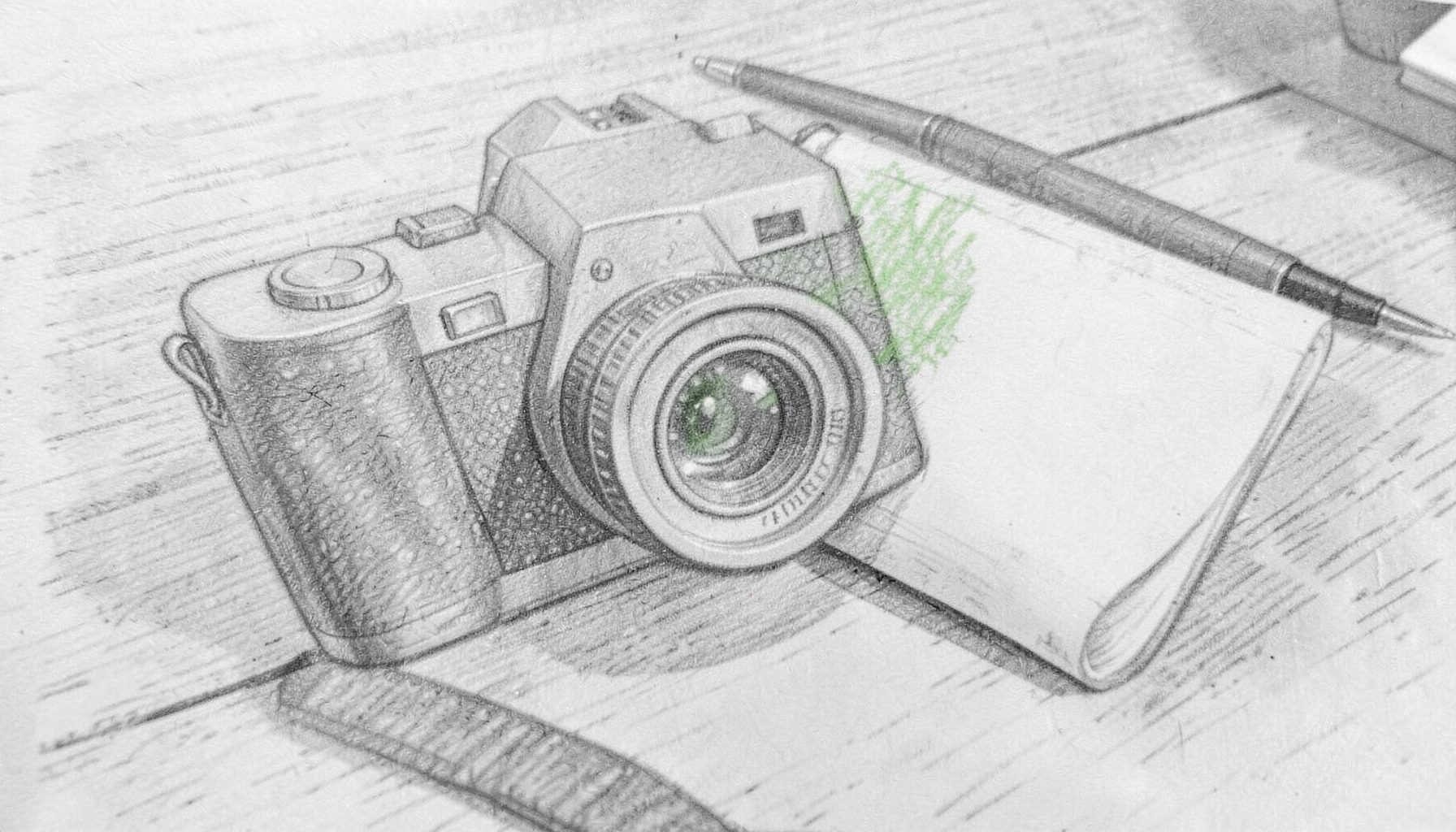 Graphite pencil sketch of a camera and notebook on a wooden table, soft gray tones, editorial and quiet mood