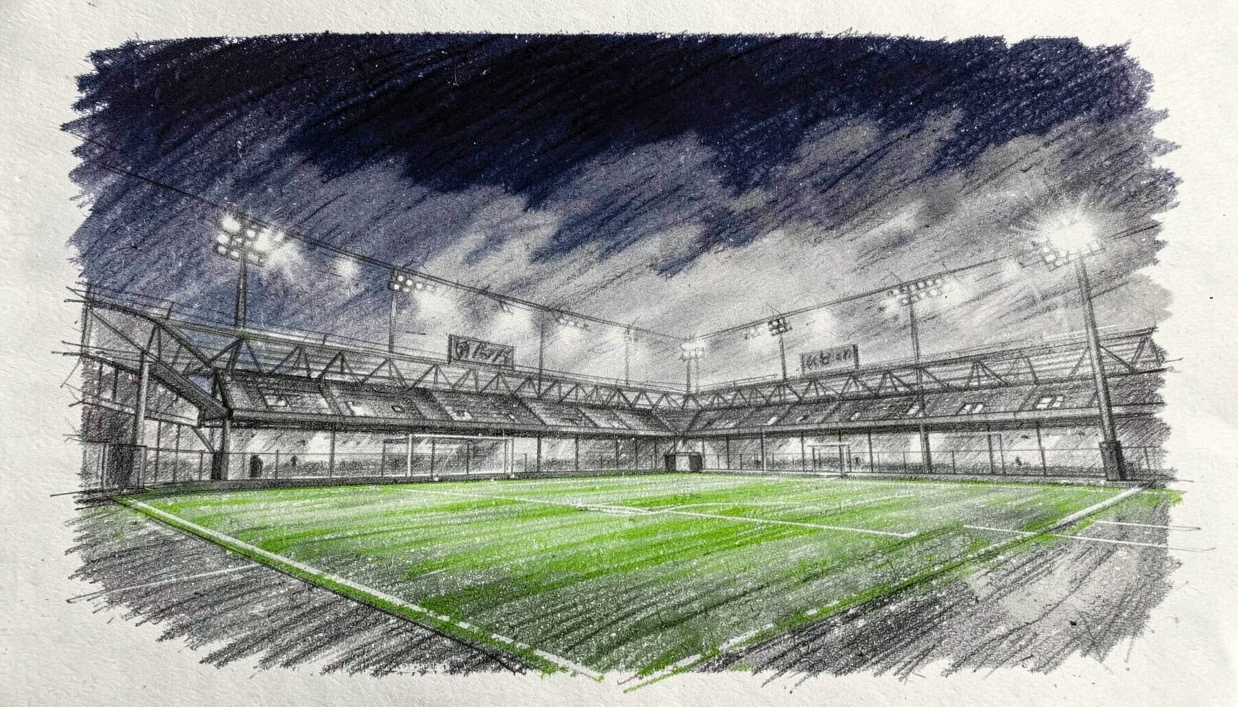 Graphite pencil sketch of a floodlit sports stadium at dusk, dark navy sky fading into soft gray clouds, green pitch lines sketched in loose strokes, energetic and atmospheric mood