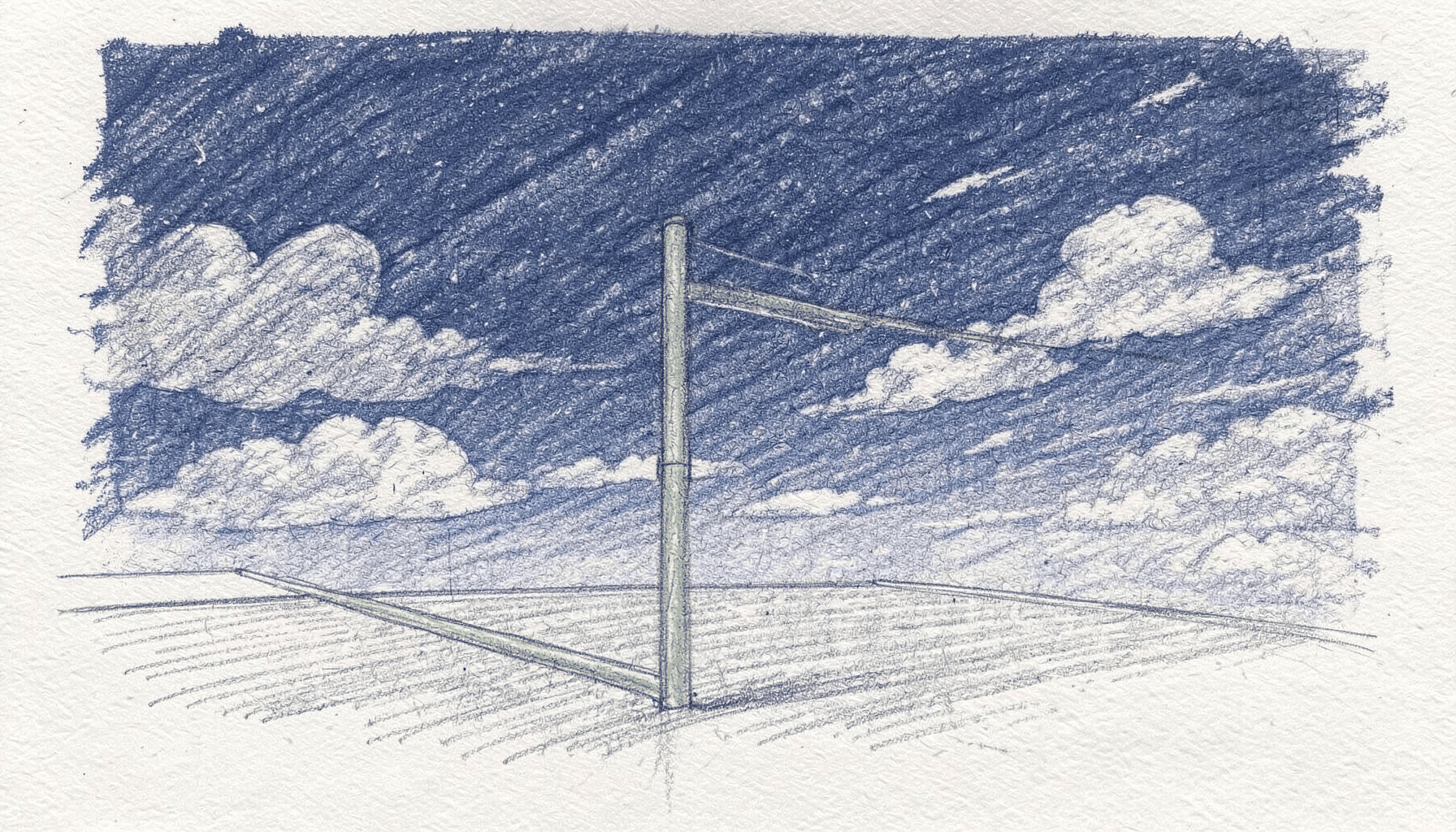 Graphite pencil sketch of a football pitch corner flag against a cloudy navy sky, simple and clean composition