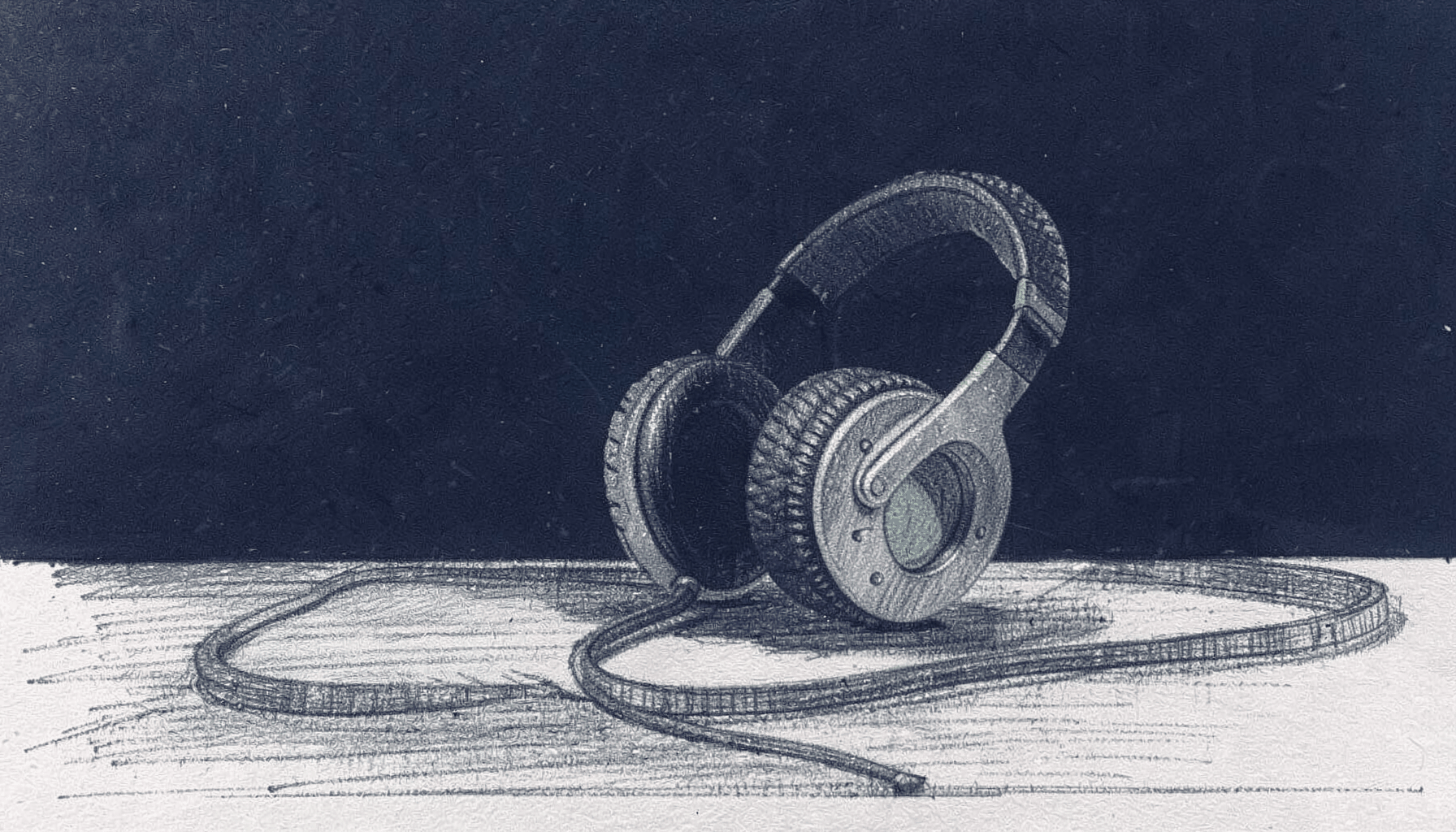 Graphite pencil sketch of a microphone and headphones on a desk, dark navy background, minimal and focused mood