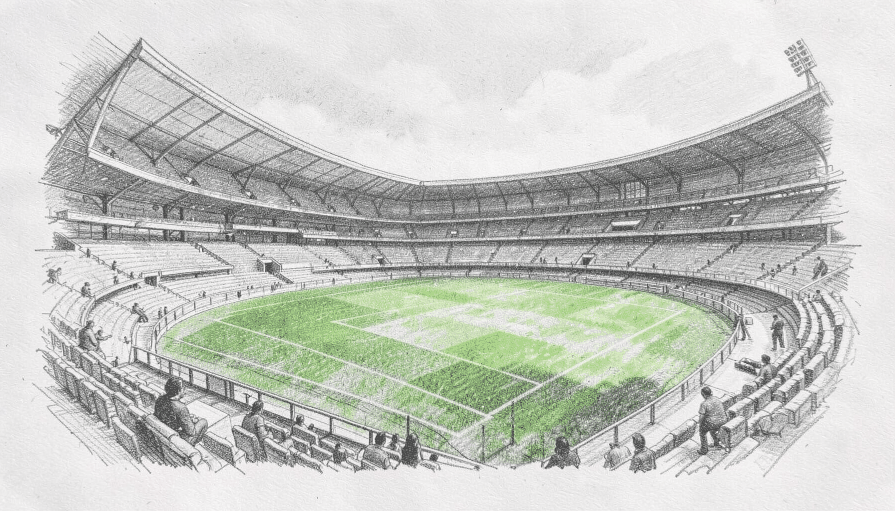 Graphite pencil sketch of a cricket stadium seen from the stands, gray and green tones, wide and open mood
