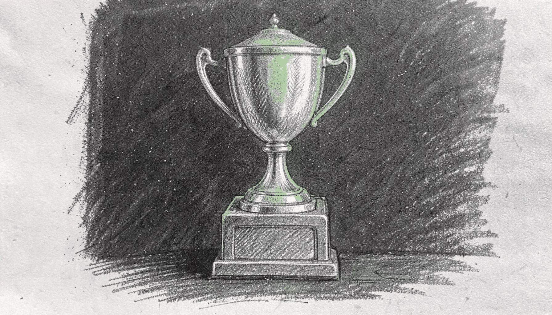 Graphite pencil sketch of a football trophy on a plinth, dark background, green highlight, celebratory mood