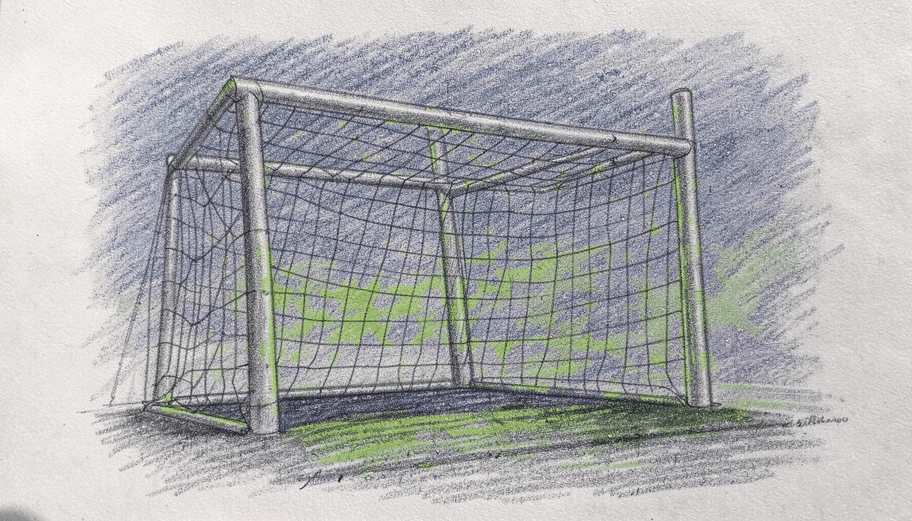 Graphite pencil sketch of a football goalpost with a net, evening light, navy and green shading, calm mood