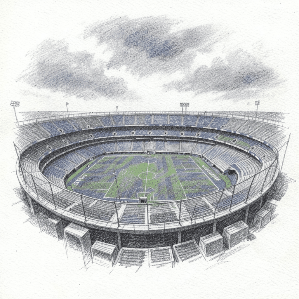 Graphite pencil sketch of a football stadium seating bowl, navy and gray shading, atmospheric mood