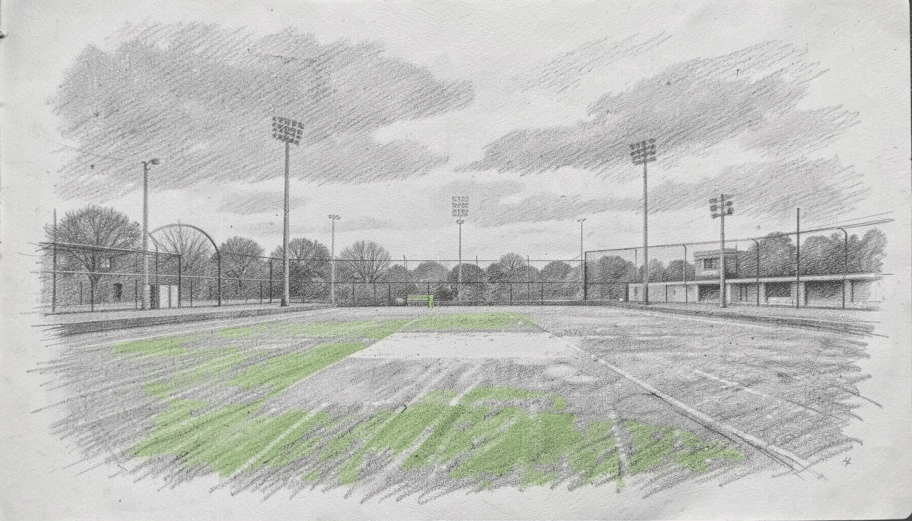 Graphite pencil sketch of an empty cricket pitch under overcast sky, gray tones, quiet reflective mood