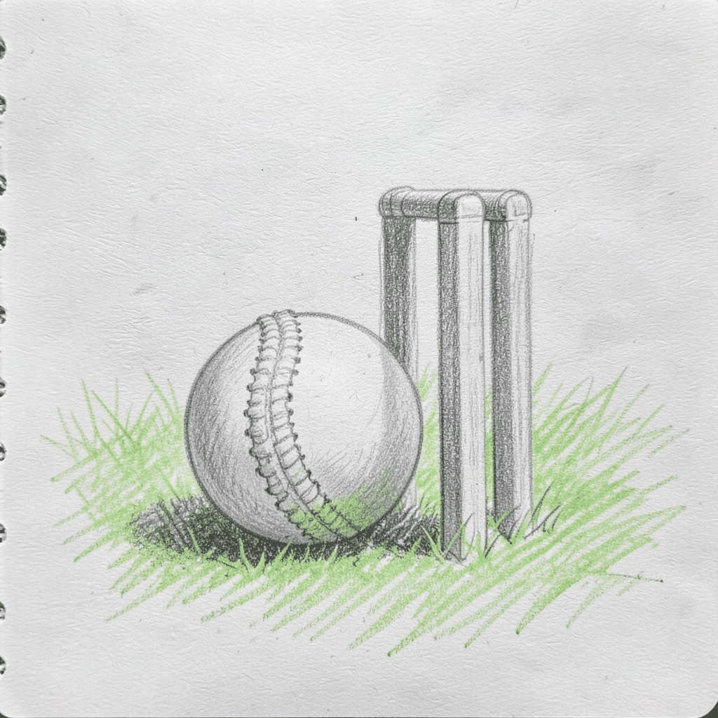 Graphite pencil sketch of a cricket ball and stumps on grass, soft green tones, still mood