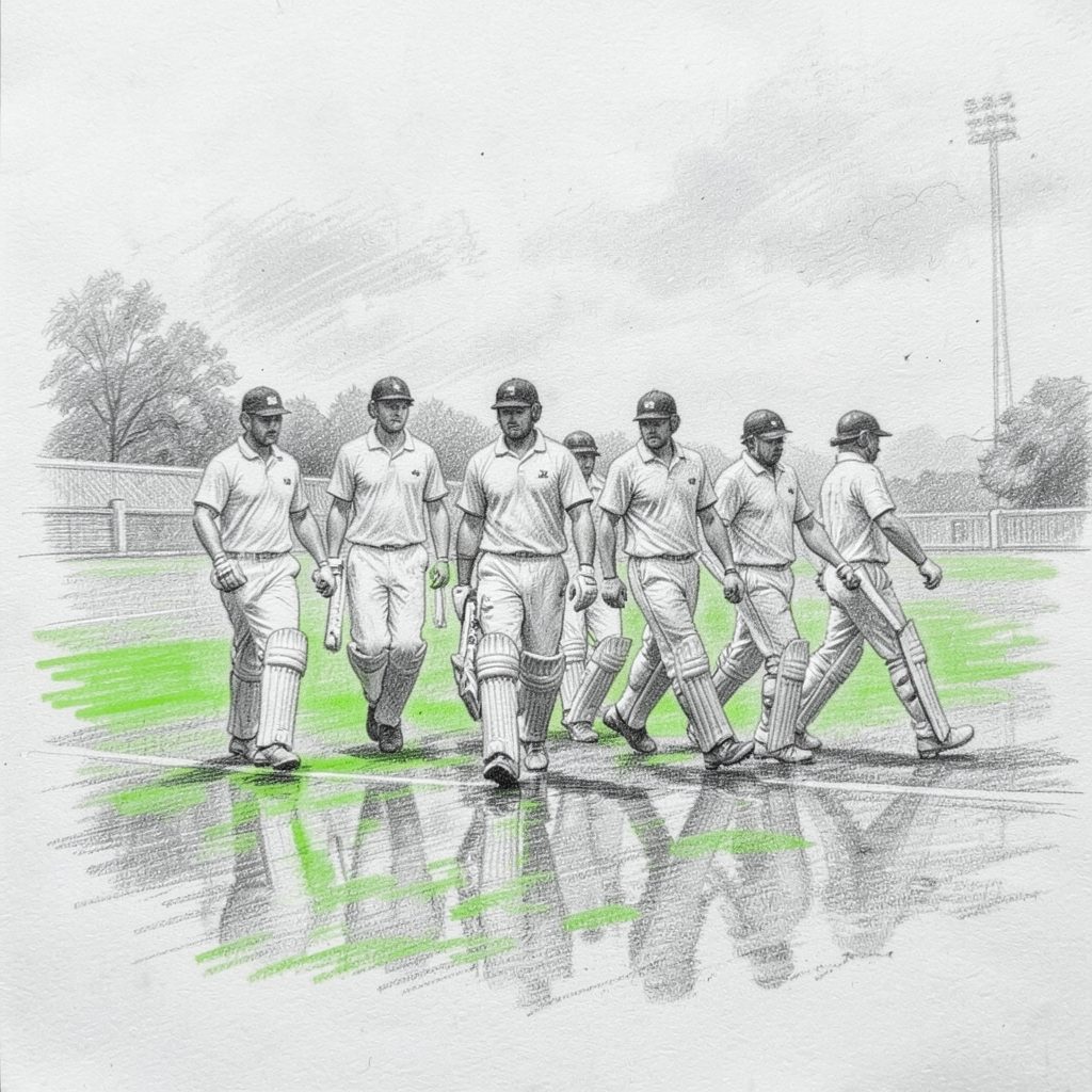 Graphite pencil sketch of a group of cricket players walking off a field, gray and green shading, reflective mood