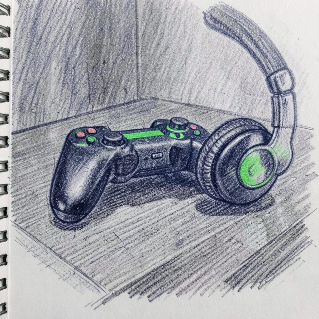 Graphite pencil sketch of a gaming controller and headset on a desk, dark navy tones, focused mood