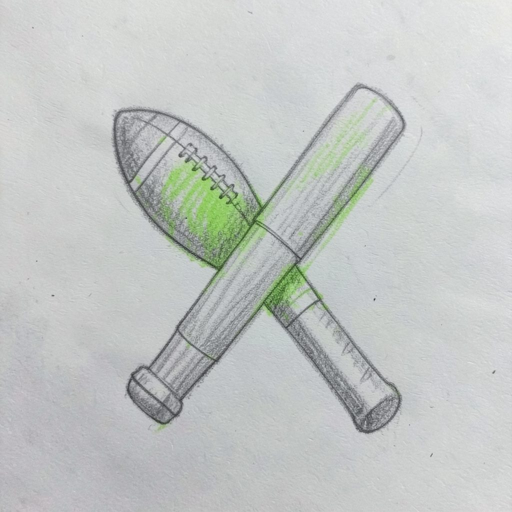 Small graphite pencil sketch of a football and cricket bat crossed together, gray and green tones, simple mood
