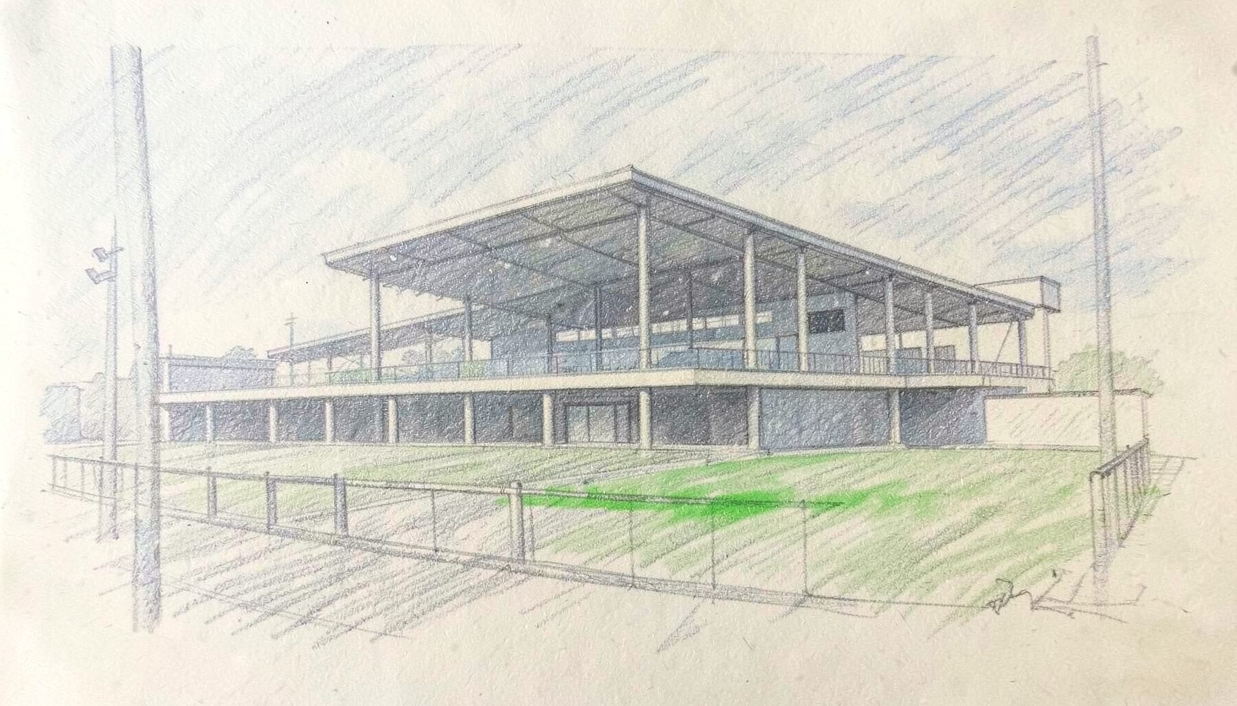 A graphite pencil sketch of a cricket stadium pavilion viewed from the boundary rope, with soft cross-hatched shadows and muted slate-blue and cream tones