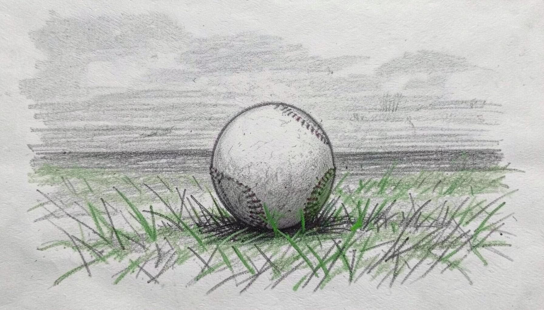 A graphite pencil sketch of a cricket ball resting on a pitch under overcast skies, with fine hatching suggesting damp grass, in cool grey and muted green