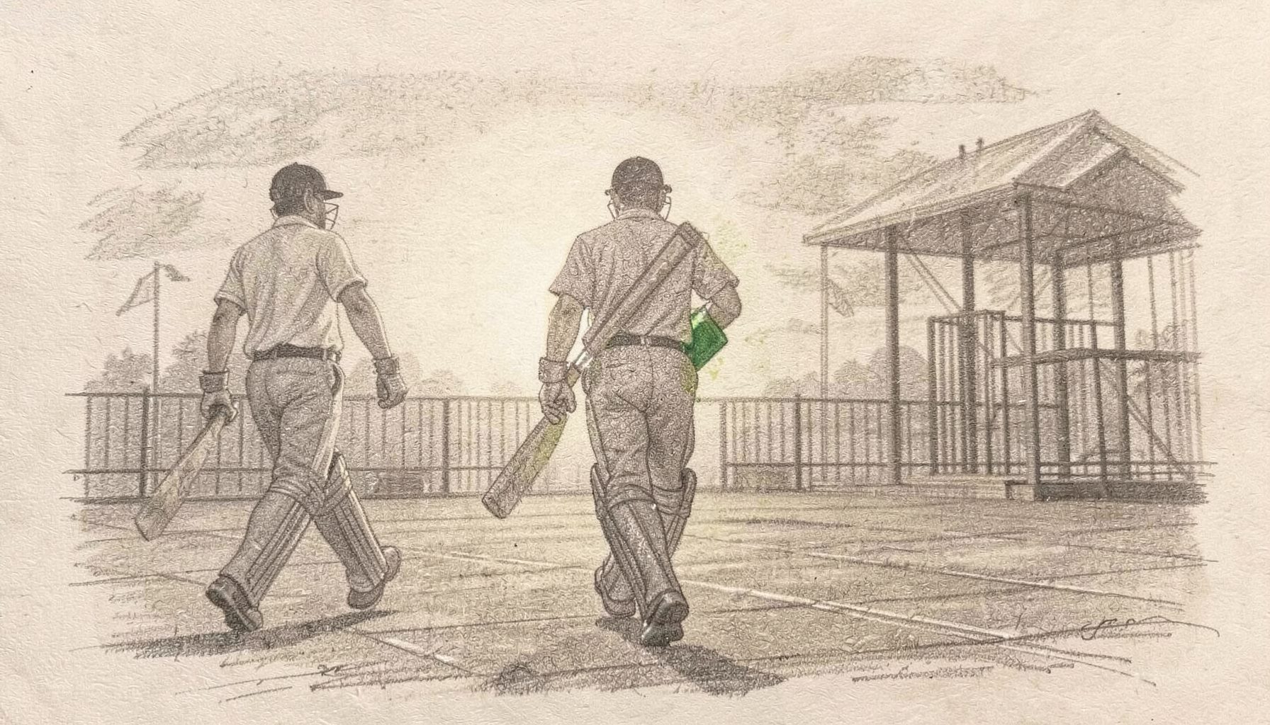 A graphite pencil sketch of three cricket players walking away from a pavilion, their silhouettes framed by a low sun, in muted sepia and charcoal