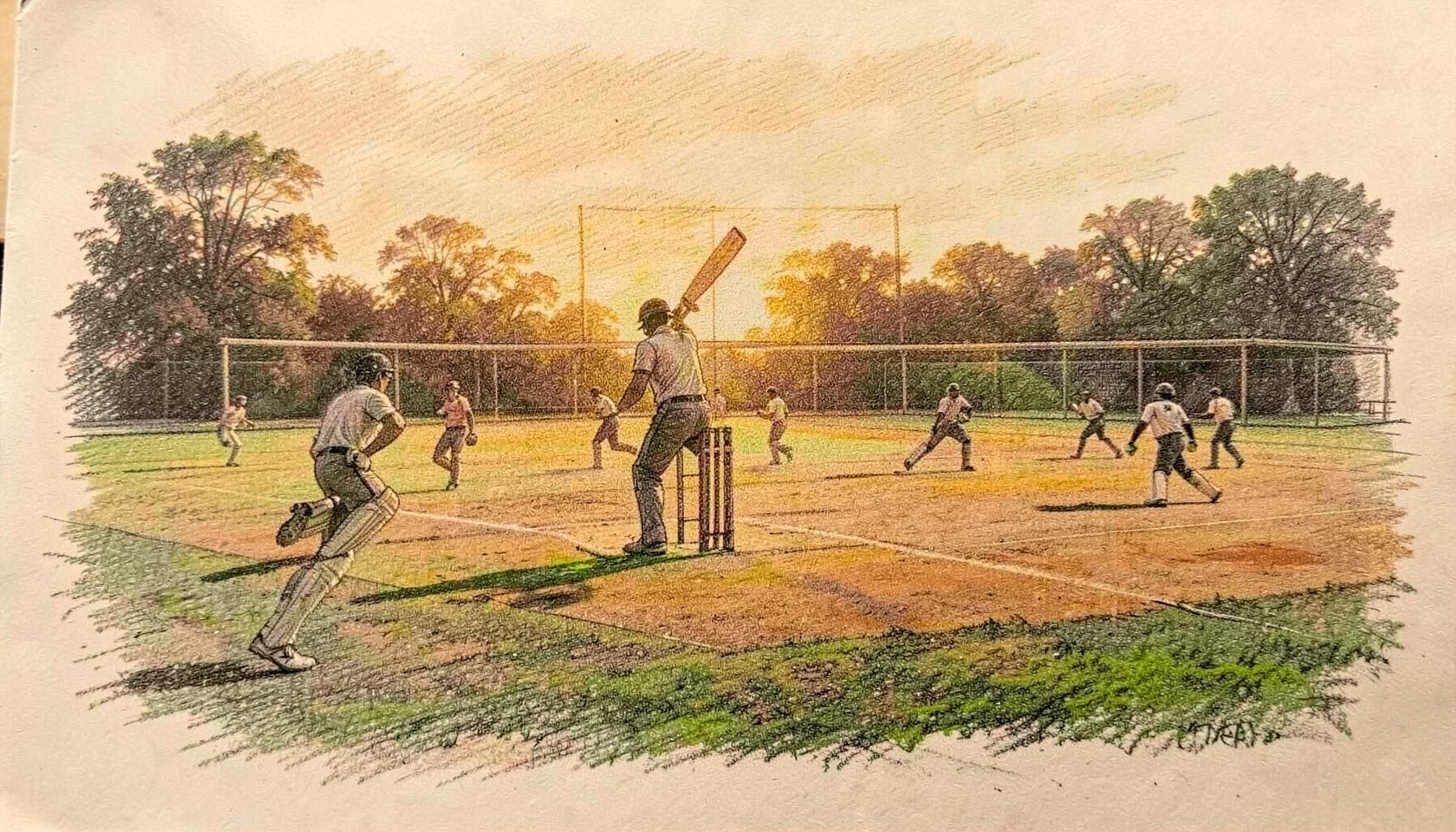 A graphite pencil sketch of a cricket ground at golden hour, with a batsman at the crease and fielders spread across the outfield, dominated by warm ochre and deep green tones