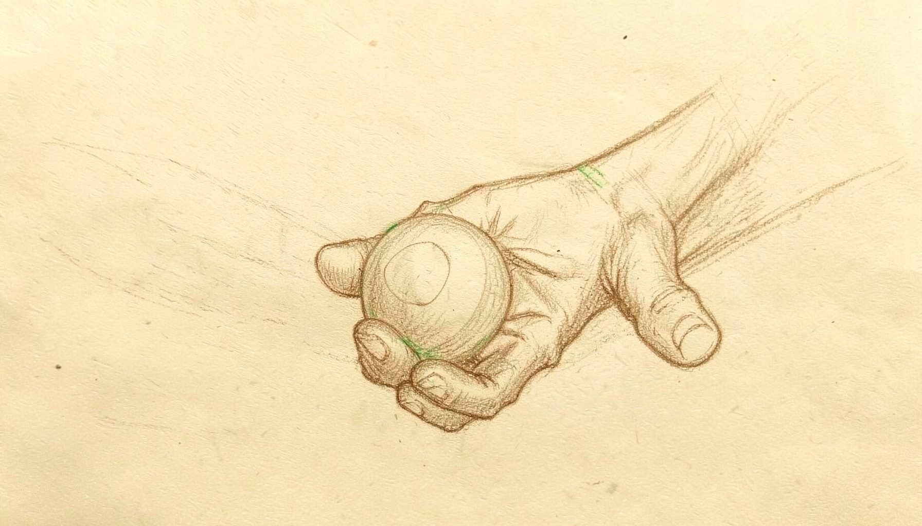 A graphite pencil sketch of a leg-spinner's hand releasing the ball, with delicate linework capturing the wrist position, in warm sepia and cream