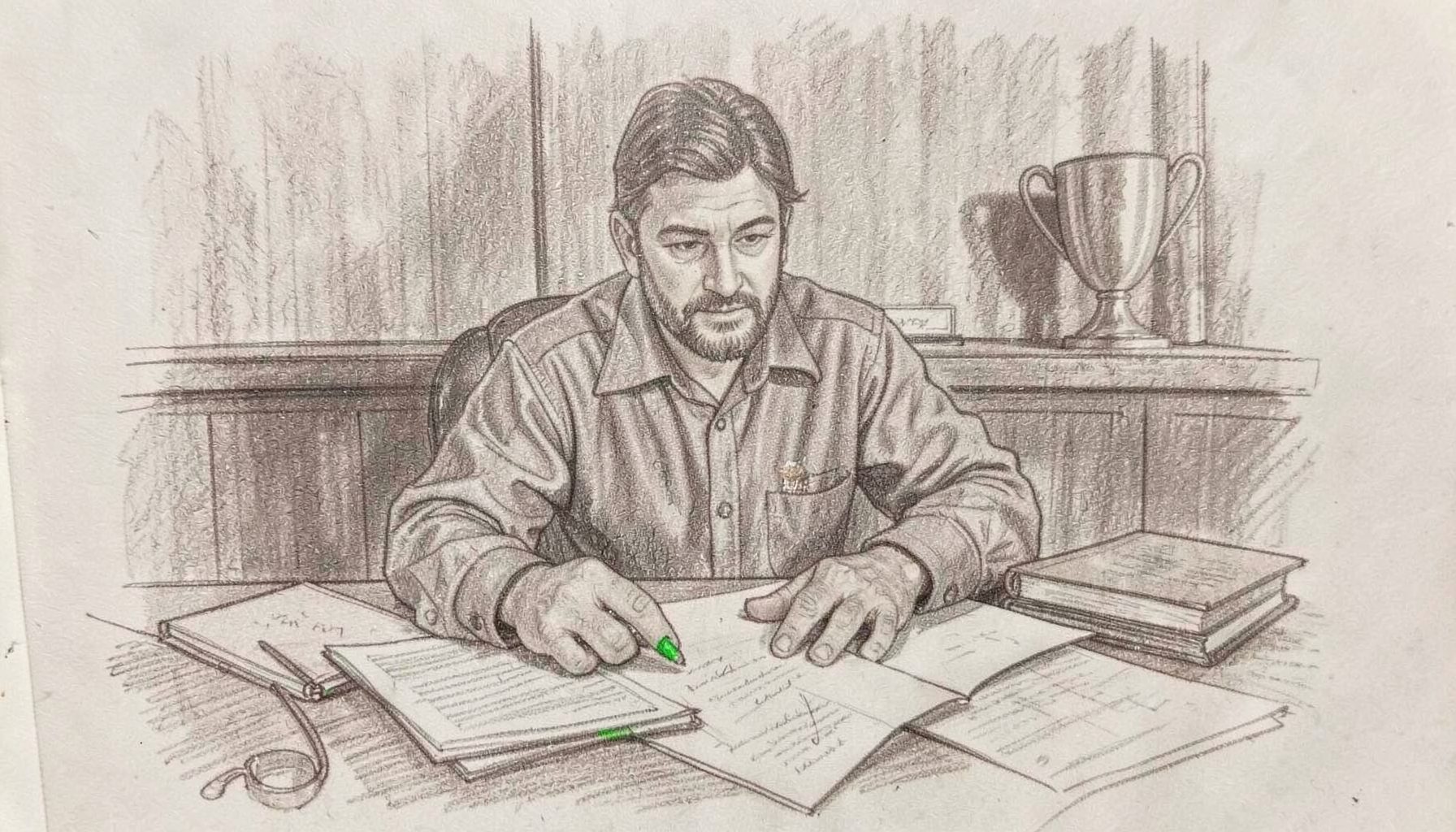 A graphite pencil sketch of a cricket administrator at a desk with papers and a trophy in the background, in subdued brown and grey tones
