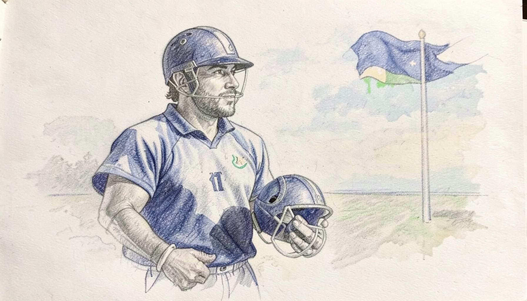 A graphite pencil sketch of a cricketer holding a helmet while looking toward a distant flag, rendered in soft graphite washes with hints of navy and cream