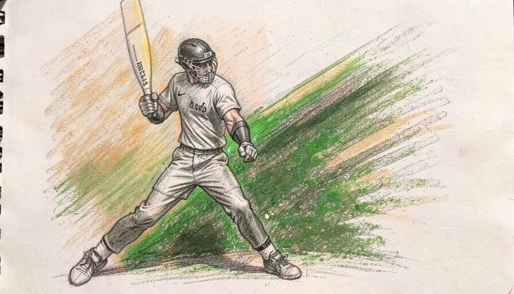 A graphite pencil sketch of a batsman playing a cover drive, the bat a blur of motion, with warm amber and deep green shading