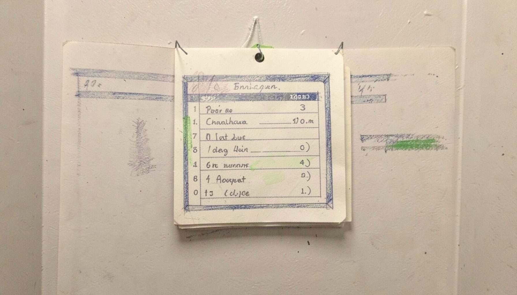A graphite pencil sketch of three cricket scorecards pinned to a dressing-room wall, with soft graphite shading and hints of cream and navy