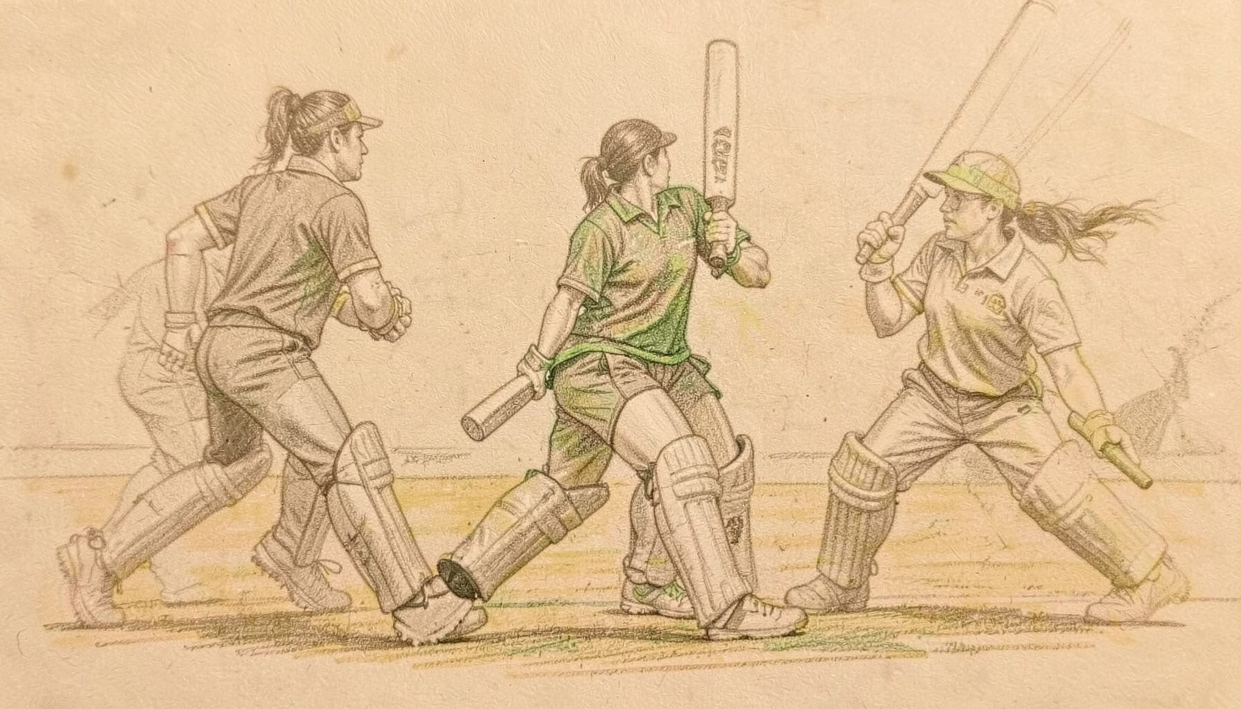 A graphite pencil sketch of women cricketers training with bats and pads, captured mid-drill, in warm ochre and muted green