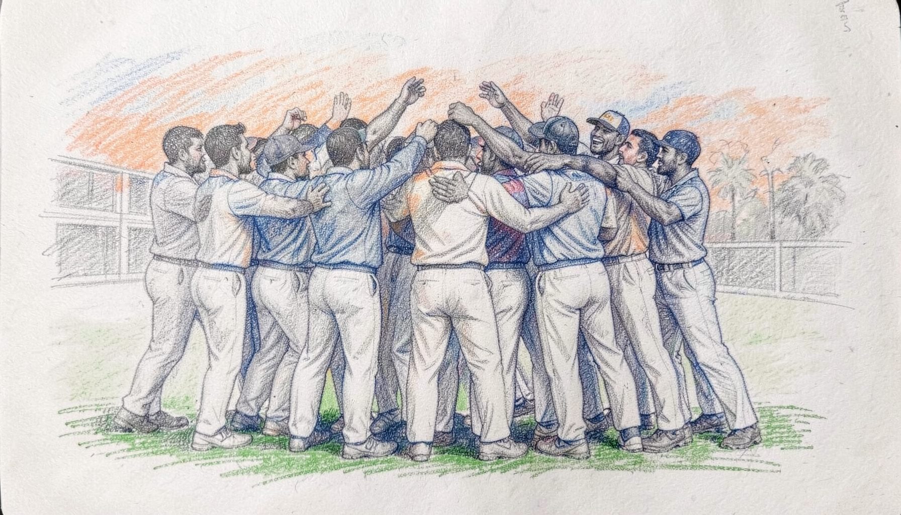 A graphite pencil sketch of a Nepali cricket team huddle on the field, arms raised together, with warm terracotta and deep blue shading