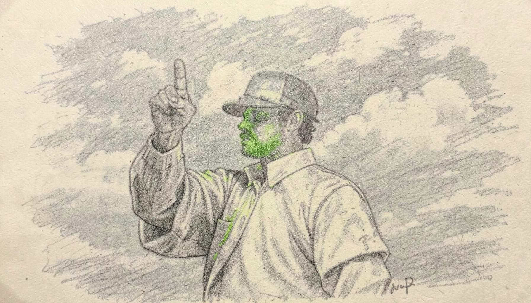 A graphite pencil sketch of a cricket umpire raising a finger against a cloudy sky, in muted slate and cream tones