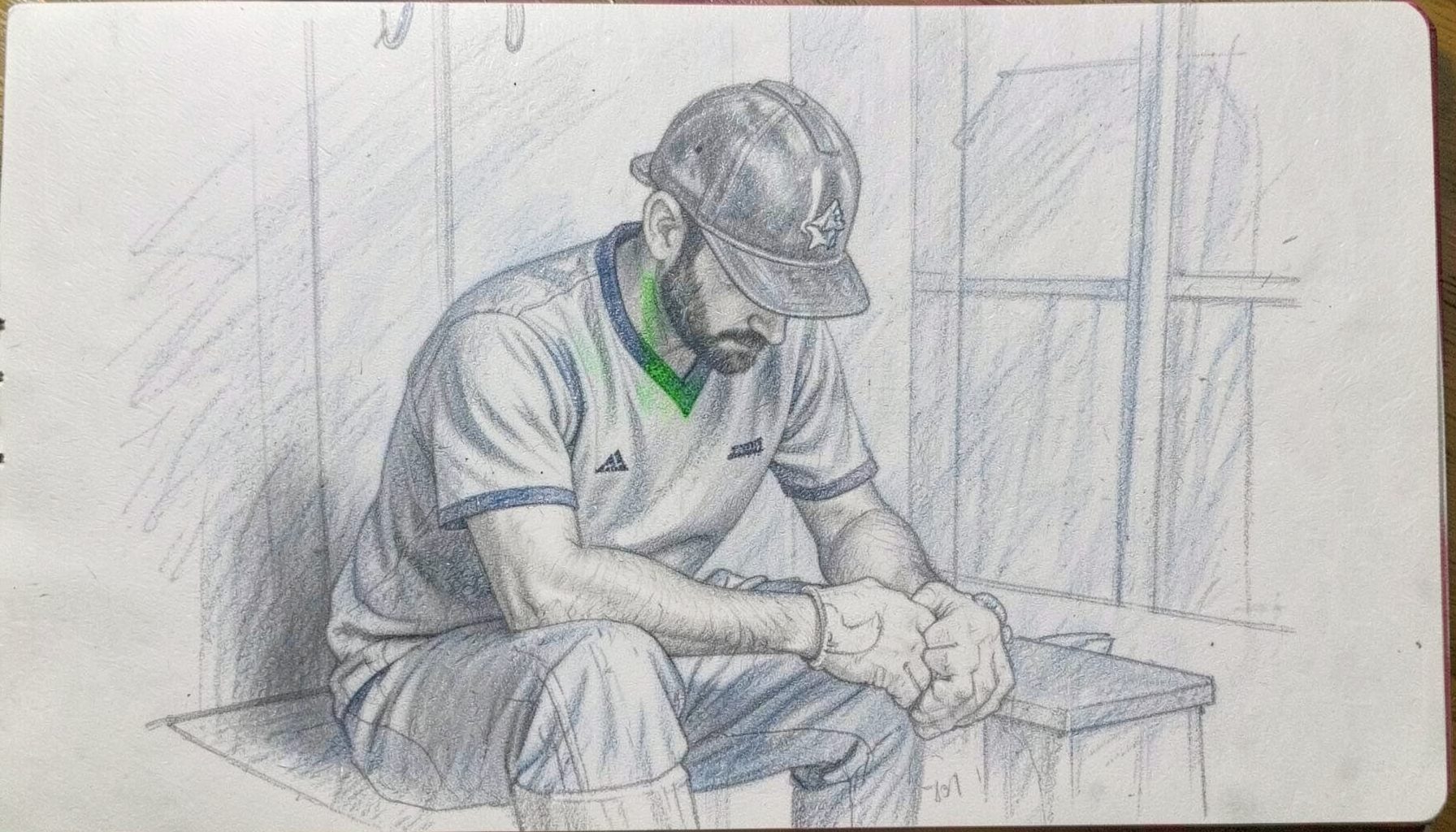 A graphite pencil sketch of a cricketer sitting alone in a dressing room, head bowed, with soft charcoal and muted blue tones