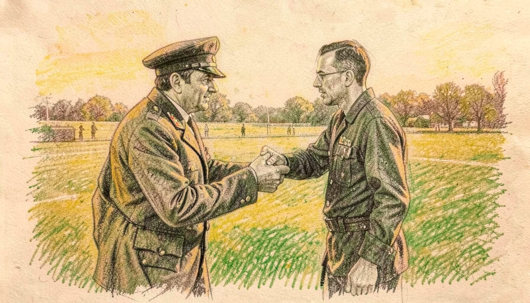 A graphite pencil sketch of a captain receiving a cap from a coach on a sunlit field, in warm amber and deep green