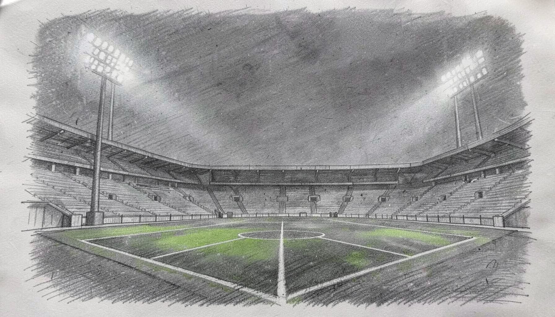 A graphite pencil sketch of a football stadium at dusk, floodlights glowing against a deep grey sky, the pitch marked with crisp white lines, empty stands stretching across the frame in muted charcoal tones.