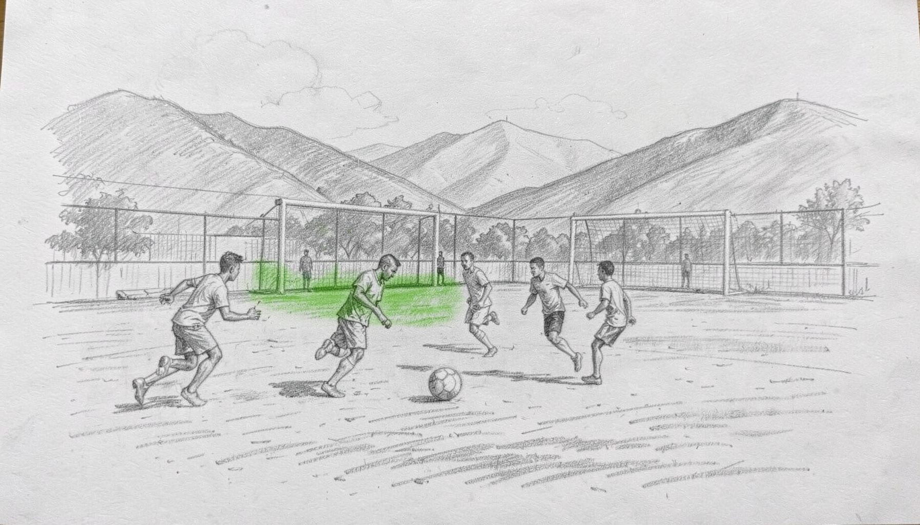 A graphite pencil sketch of a Nepali football ground with hills in the background, players in mid-action on a dusty pitch, sketched in loose energetic strokes with soft grey shading.
