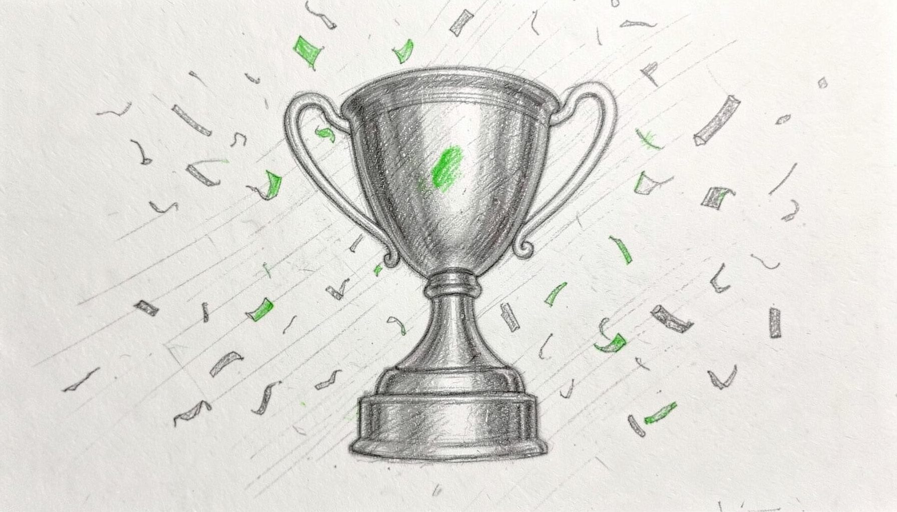 A graphite pencil sketch of a trophy being lifted amid confetti, strong diagonal strokes conveying celebration, the cup rendered in detailed metallic grey shading.