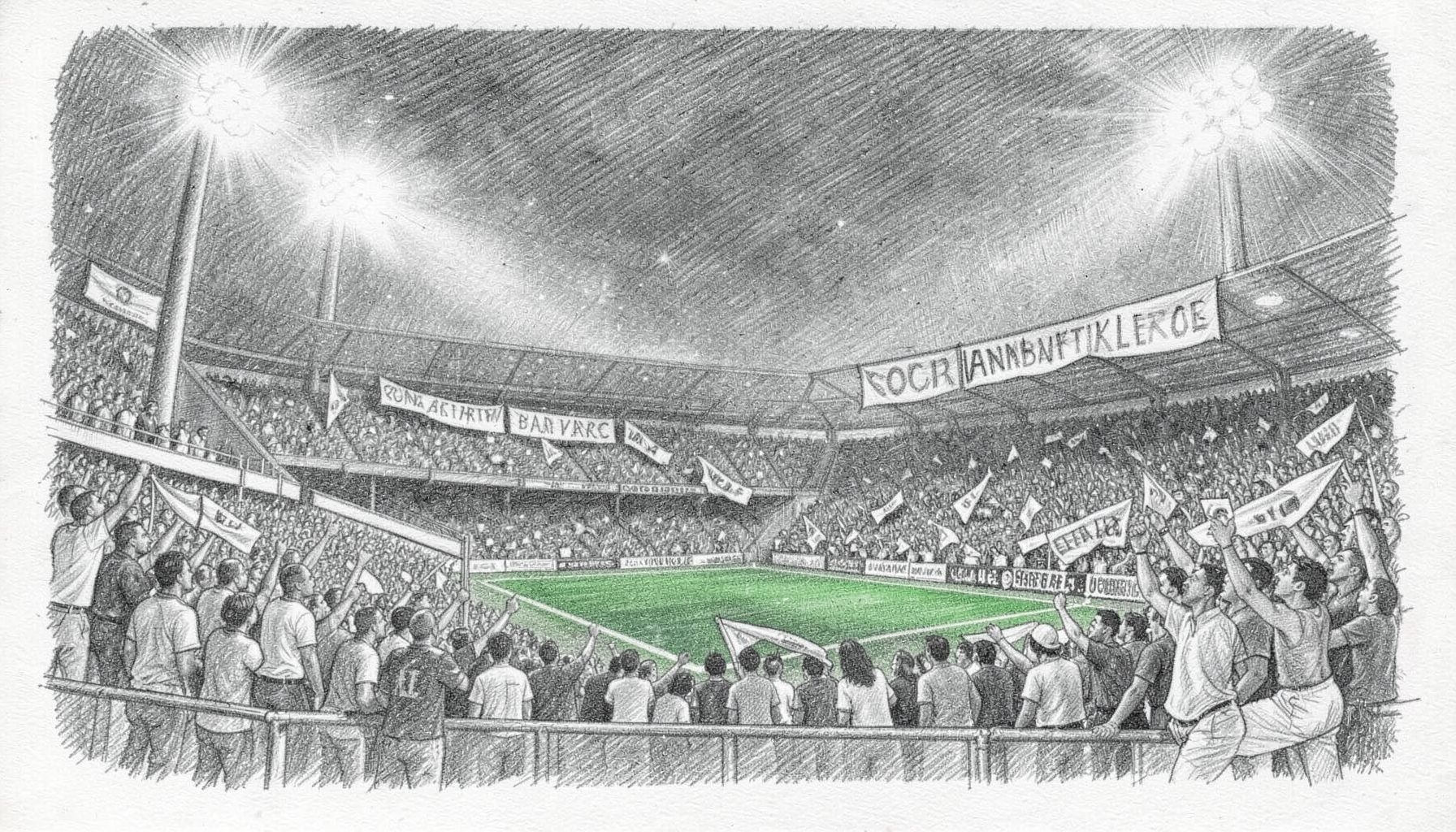 A graphite pencil sketch of a packed European stadium with banners and scarves, dramatic cross-hatching capturing the intensity of a night match under bright floodlights.