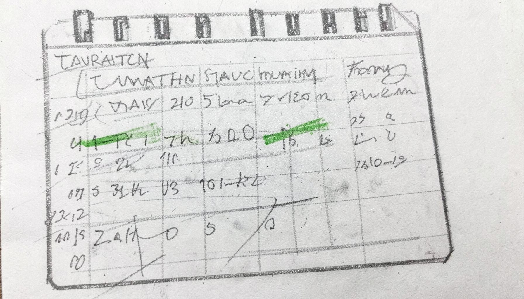 A graphite pencil sketch of a calendar page with tournament names crossed out and rewritten, loose hatching and smudged graphite conveying postponed plans.
