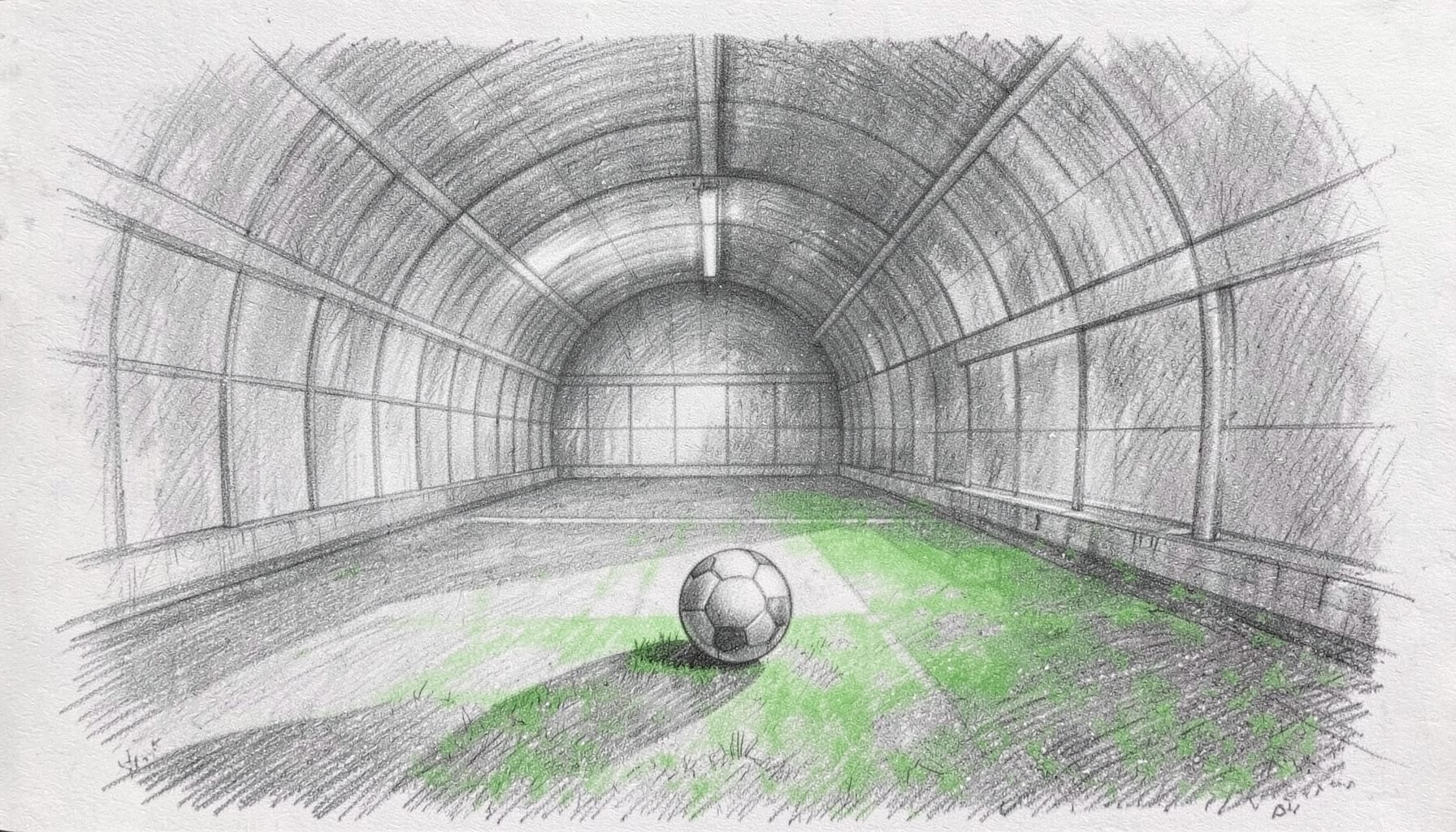 A graphite pencil sketch of an empty stadium tunnel with a single ball resting on the turf, long shadows and soft gradients evoking the behind-closed-doors era of football.