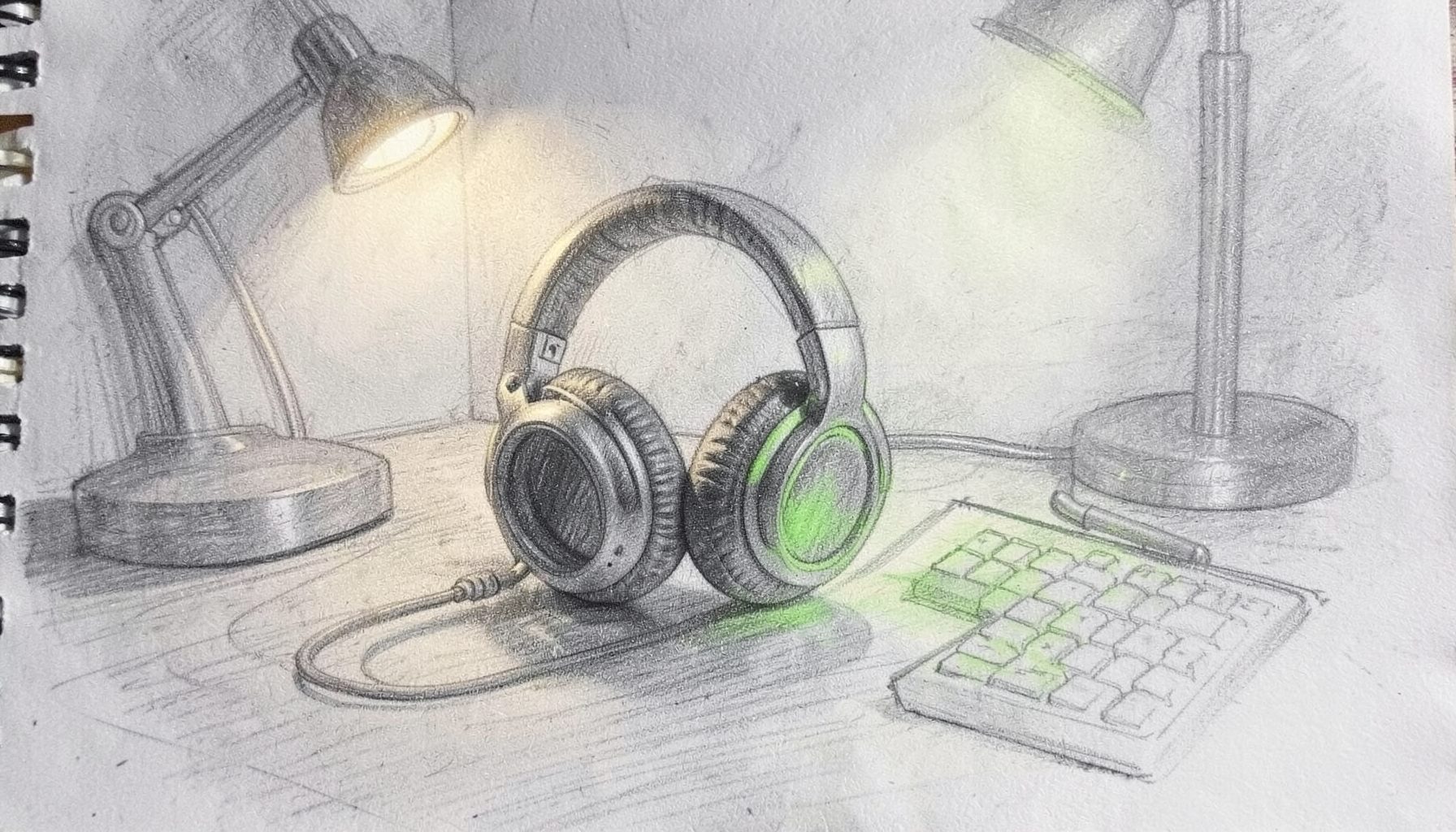 A graphite pencil sketch of a gaming headset resting on a desk beside a keyboard, soft shadows and a single desk lamp casting warm light across the scene