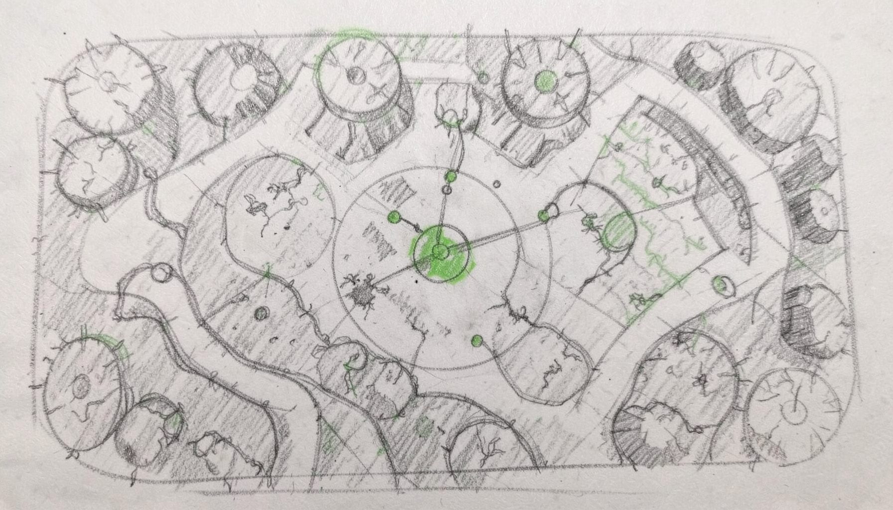 A graphite pencil sketch of an overhead view of a battle royale map with markers and zone circles, rendered in loose hatching with subtle green accents