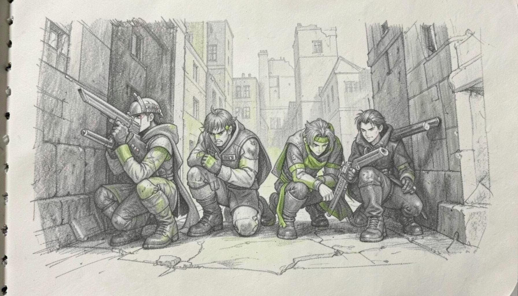 A graphite pencil sketch of a squad of four gaming characters crouched behind cover in a ruined urban landscape, muted grays and olive tones dominating the scene