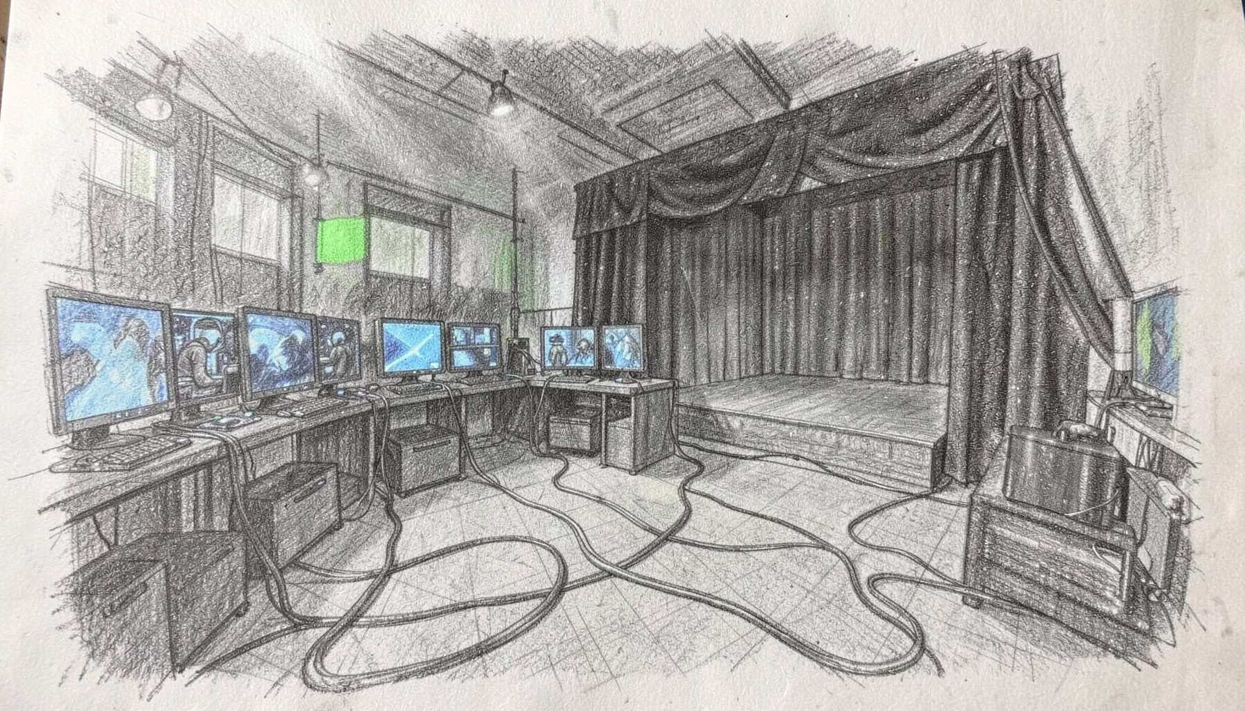 A graphite pencil sketch of a dimly lit gaming arena with rows of monitors glowing in cool blue tones, cables trailing across the floor, and an empty stage framed by dark curtains