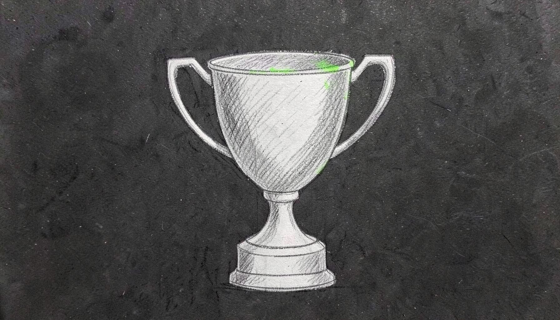 A graphite pencil sketch of a trophy silhouette against a dark backdrop, with subtle cross-hatching and a single highlight on the cup's rim