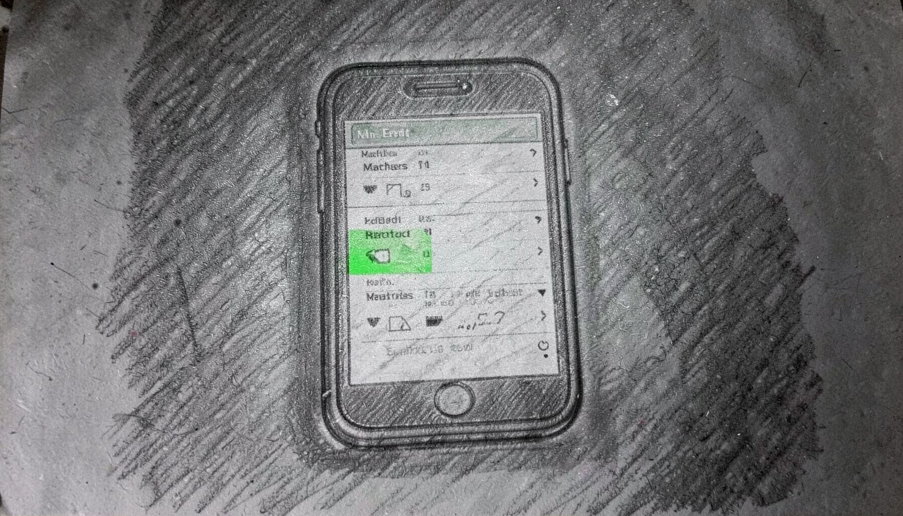 A graphite pencil sketch of a smartphone screen displaying a match-end leaderboard, the glow of the screen illuminating surrounding darkness