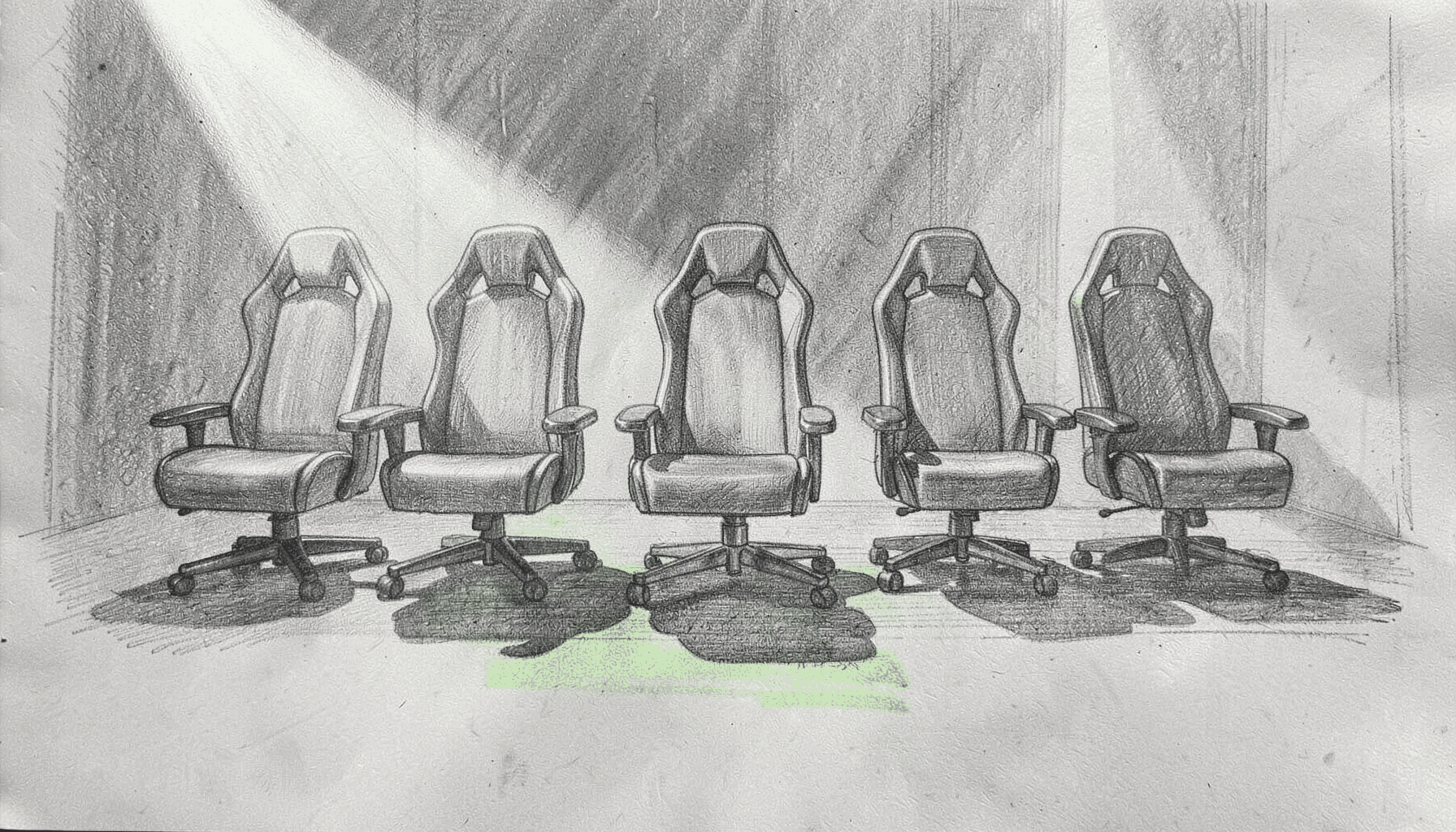 A graphite pencil sketch of five gaming chairs arranged in a row on a stage, empty and waiting, with dramatic side lighting casting long shadows