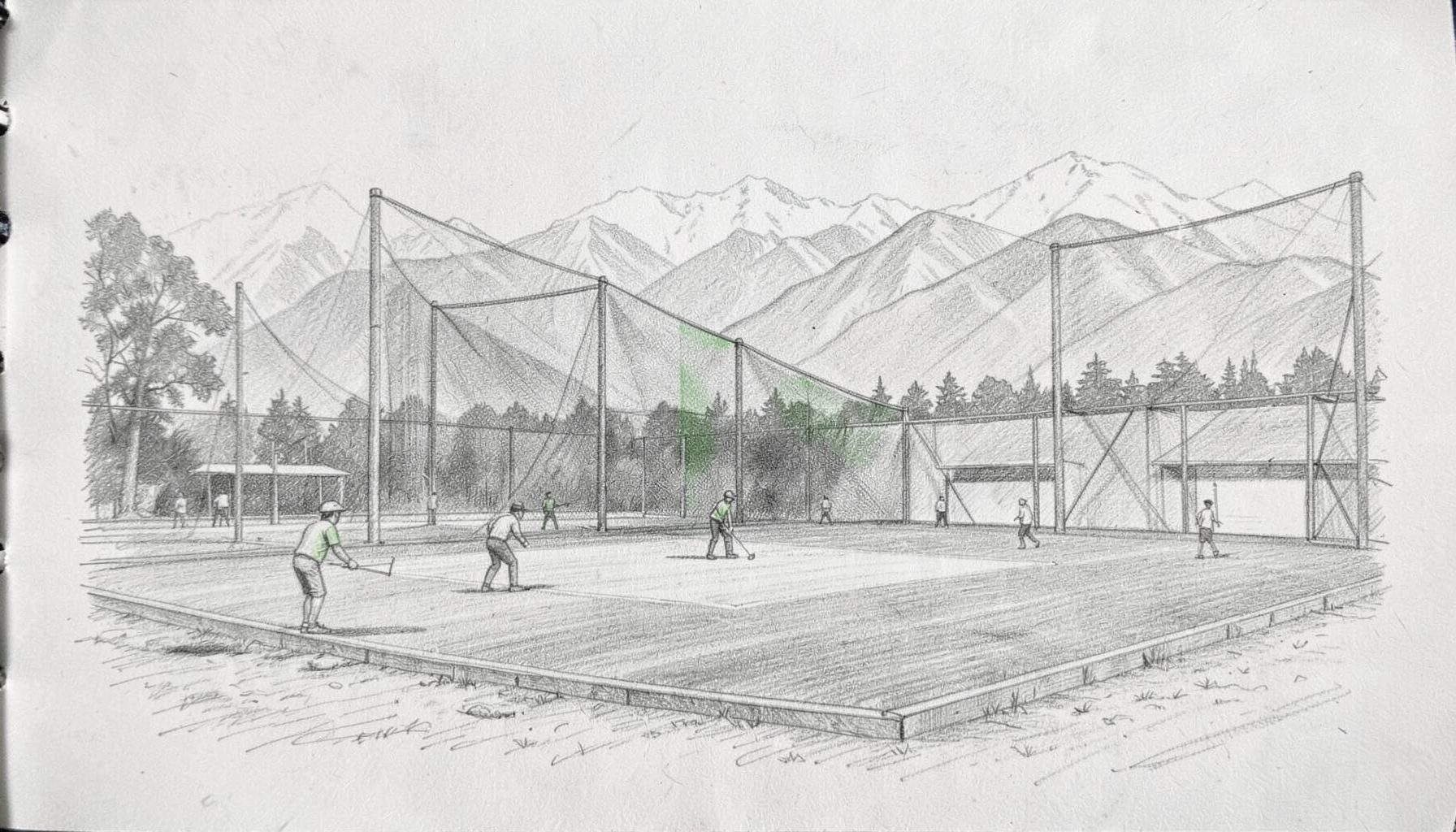 A graphite pencil sketch of a cricket ground in Pokhara with practice nets set up, groundskeepers marking the pitch, and the Himalayan foothills visible in the distance. The scene conveys readiness and calm before a tournament.