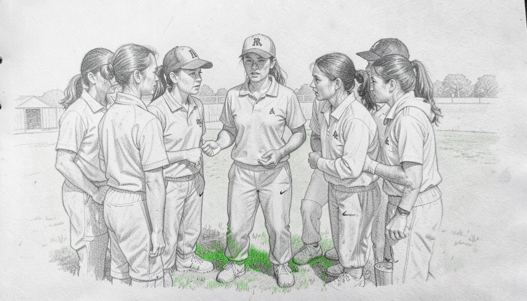 A graphite pencil sketch of a women's cricket team huddled in a circle on the training ground, captain speaking intently, teammates listening. Determination and unity in their postures.
