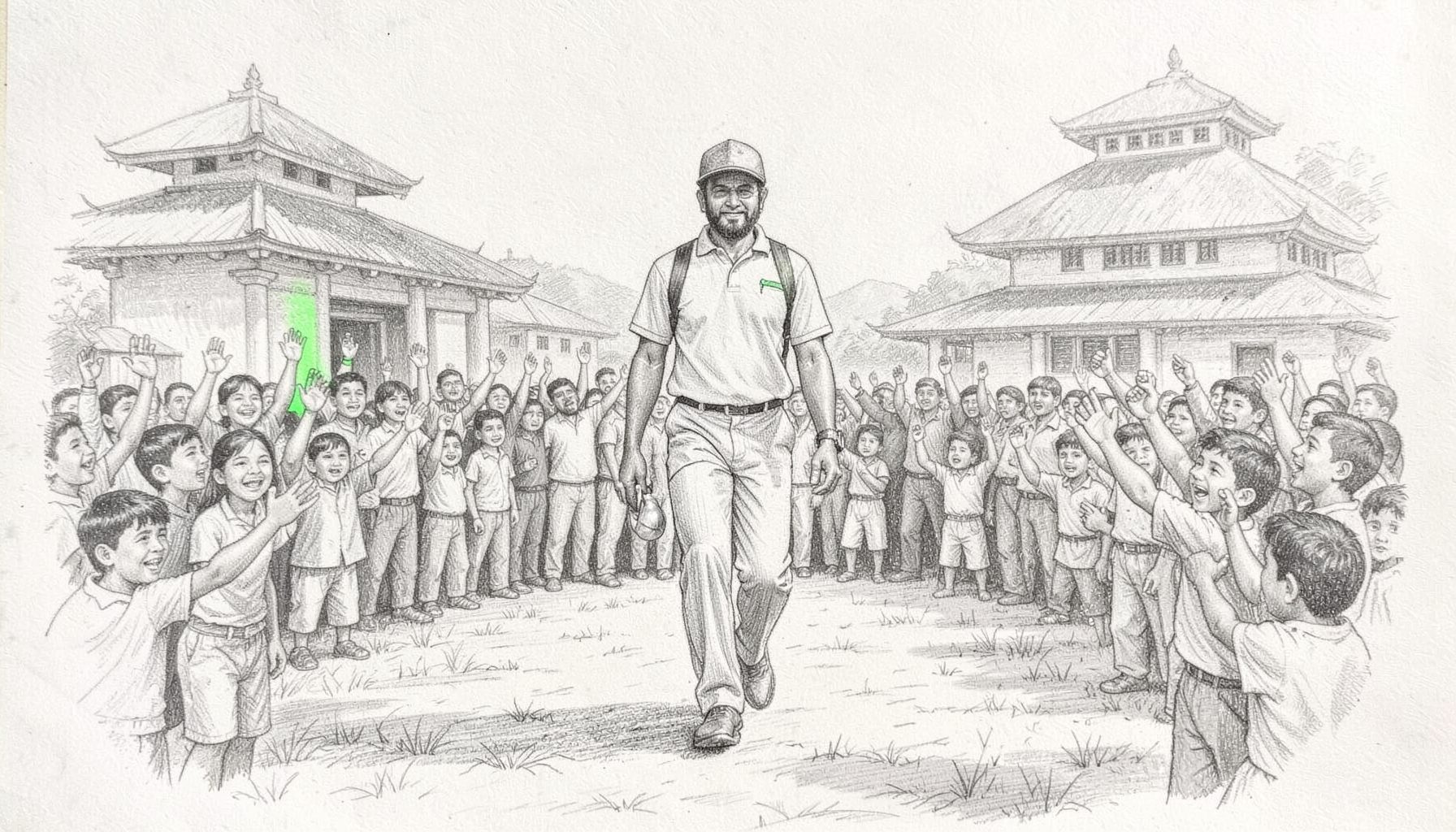 A graphite pencil sketch of a cricket legend walking across a Nepali field surrounded by a crowd of young fans, hands raised in greeting, with traditional architecture in the background. Warm and celebratory atmosphere.