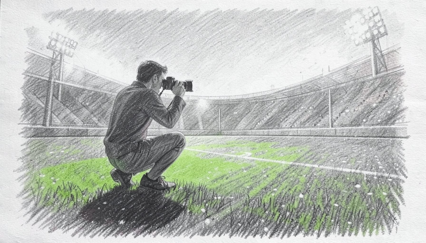 A graphite pencil sketch of a photographer's silhouette crouched at the edge of a sports field, camera raised, with stadium floodlights casting long shadows across the grass. The mood is quiet anticipation before a match.