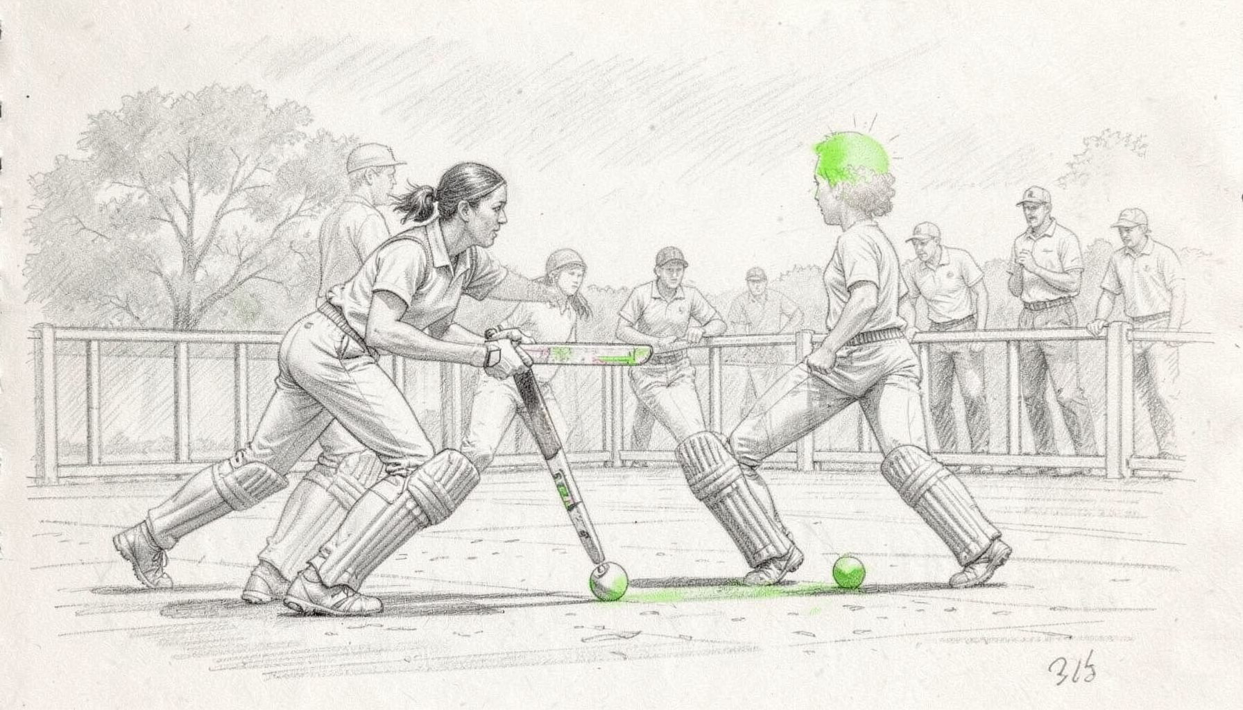 A graphite pencil sketch of women cricketers in training gear doing fielding drills under the afternoon sun, coaches observing from the boundary. Energetic and purposeful mood.