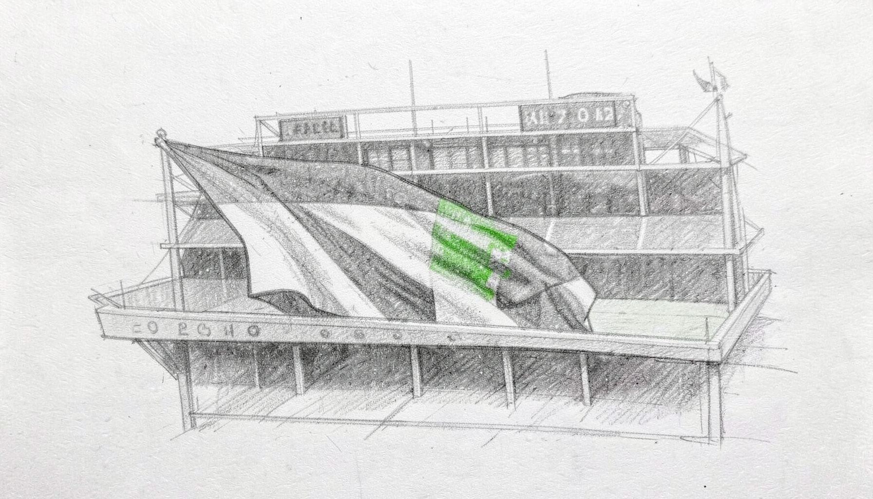 A graphite pencil sketch of a cricket stadium scoreboard with the England flag draped across it, rendered in soft grey tones with delicate shading.