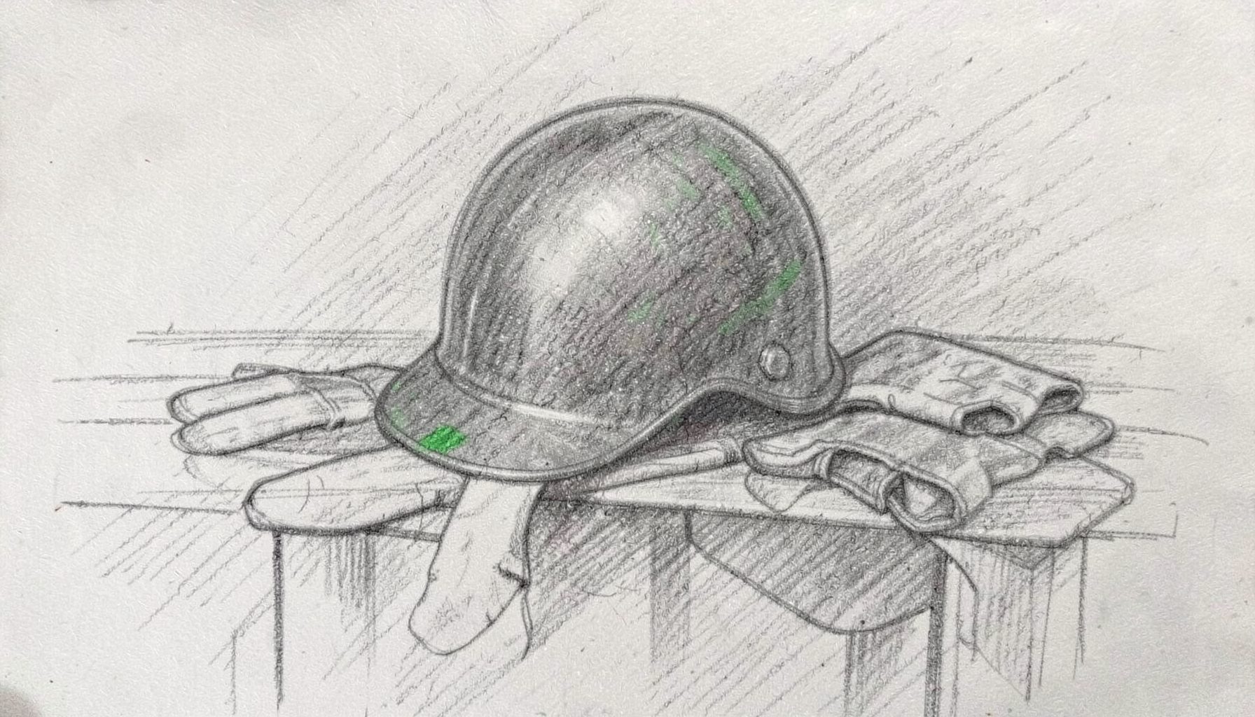 A graphite pencil sketch of a solitary cricket helmet and gloves on a bench, with strong diagonal shading and a quiet, reflective mood.