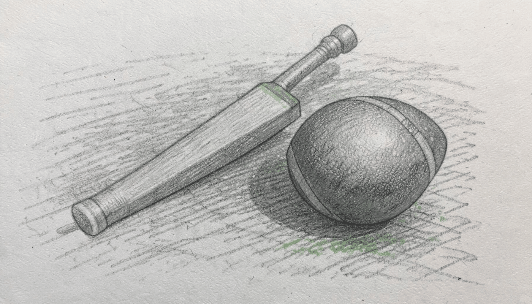 A graphite pencil sketch of a cricket bat and a football resting side by side on a textured pitch, with soft cross-hatched shadows and a muted, contemplative atmosphere.