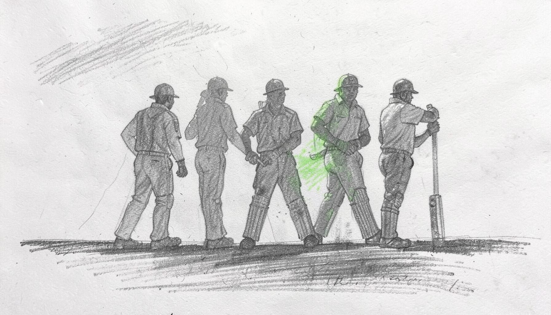 A graphite pencil sketch of five cricket players lined up in silhouette against a bright sky, with bold contrast and minimal detail.